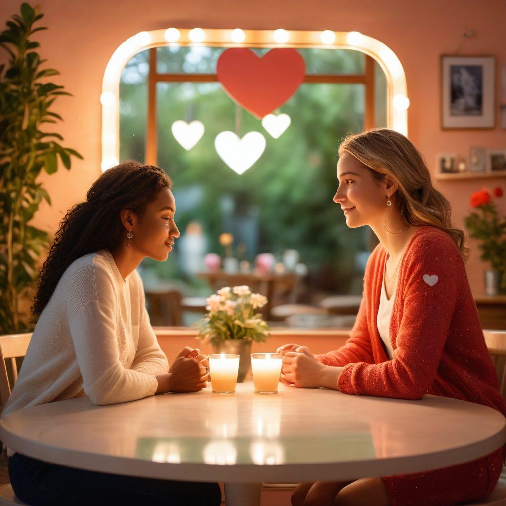 A warm, inviting scene depicting two diverse individuals sharing a heartfelt conversation, surrounded by symbols of self-acceptance like mirrors and hearts. Soft, glowing light emanates around them to emphasize their emotional connection and the journey of building affection. Incorporate elements like a tranquil garden or cozy café in the background to enhance the sense of intimacy. vibrant colors. soft focus.