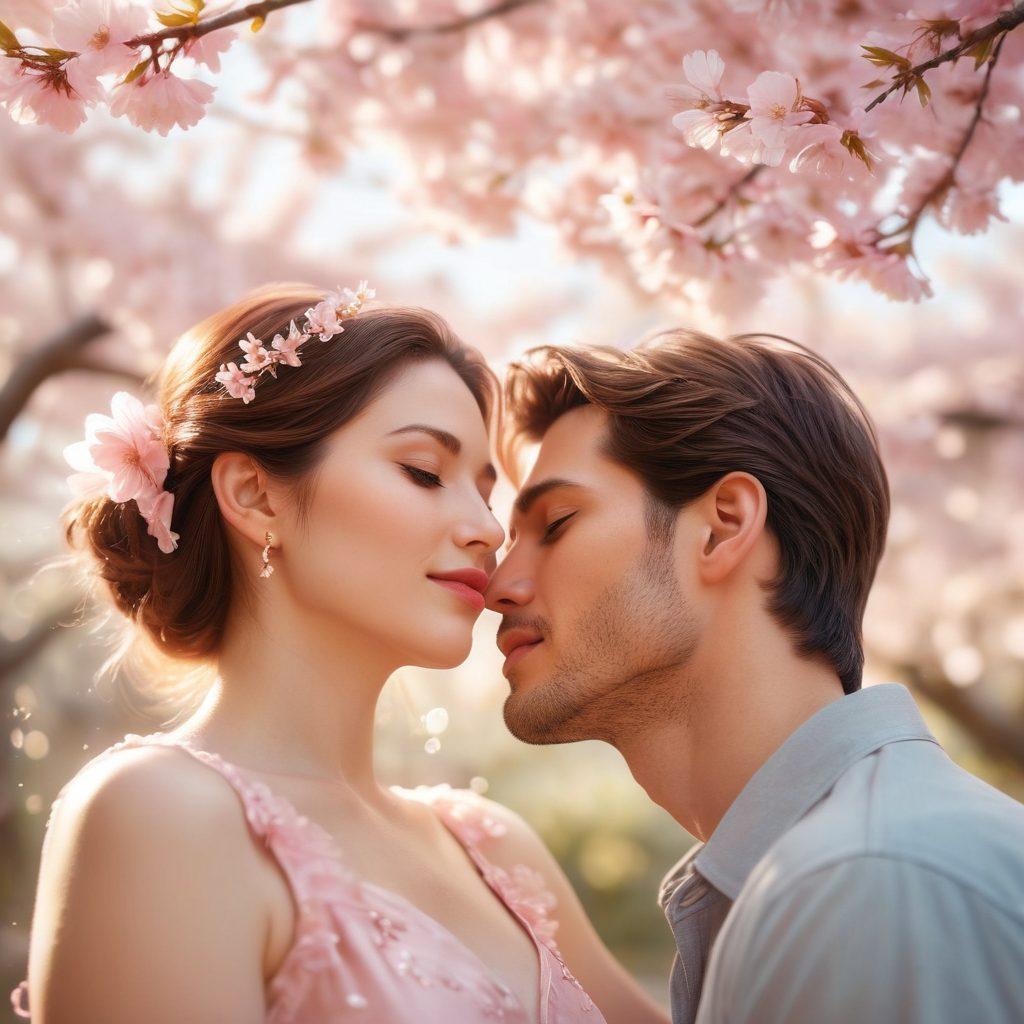 A serene couple sharing a tender moment under a blooming cherry blossom tree, their faces glowing with love and inner beauty. Soft sunlight filters through the petals, illuminating their expressions of joy and connection. Surrounding the scene, delicate hearts and petals drift through the air, symbolizing romance and nurturing love. delicate pastel colors. super-realistic.