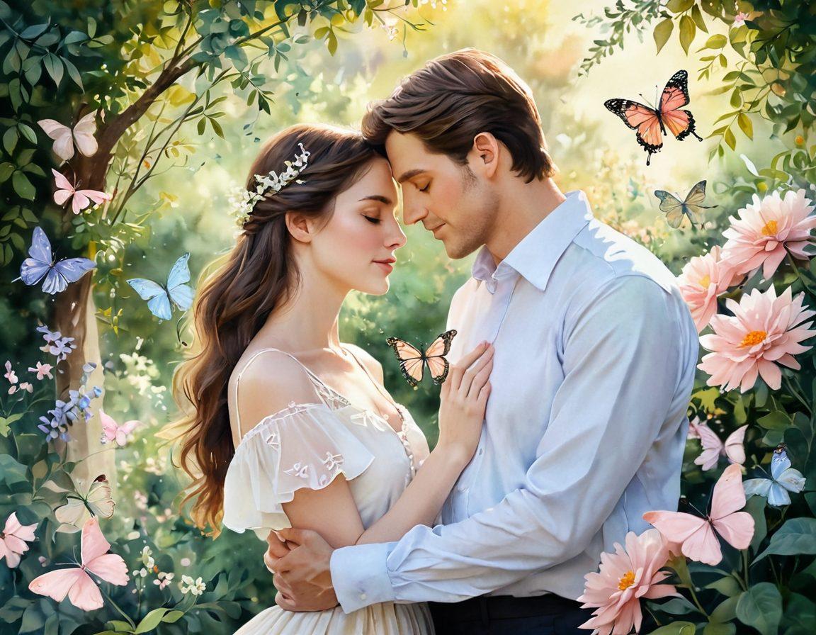 A serene scene depicting a couple in a graceful embrace, surrounded by blooming flowers that symbolize love and care. Gentle sunlight filters through the leaves, casting a warm glow over the couple, highlighting their expressions of joy and tenderness. Soft pastel colors create a soothing atmosphere, reflecting elegance and harmony. The background features delicate butterflies that add movement and a sense of lightness to the composition. watercolor style. soft colors. dreamy ambiance.
